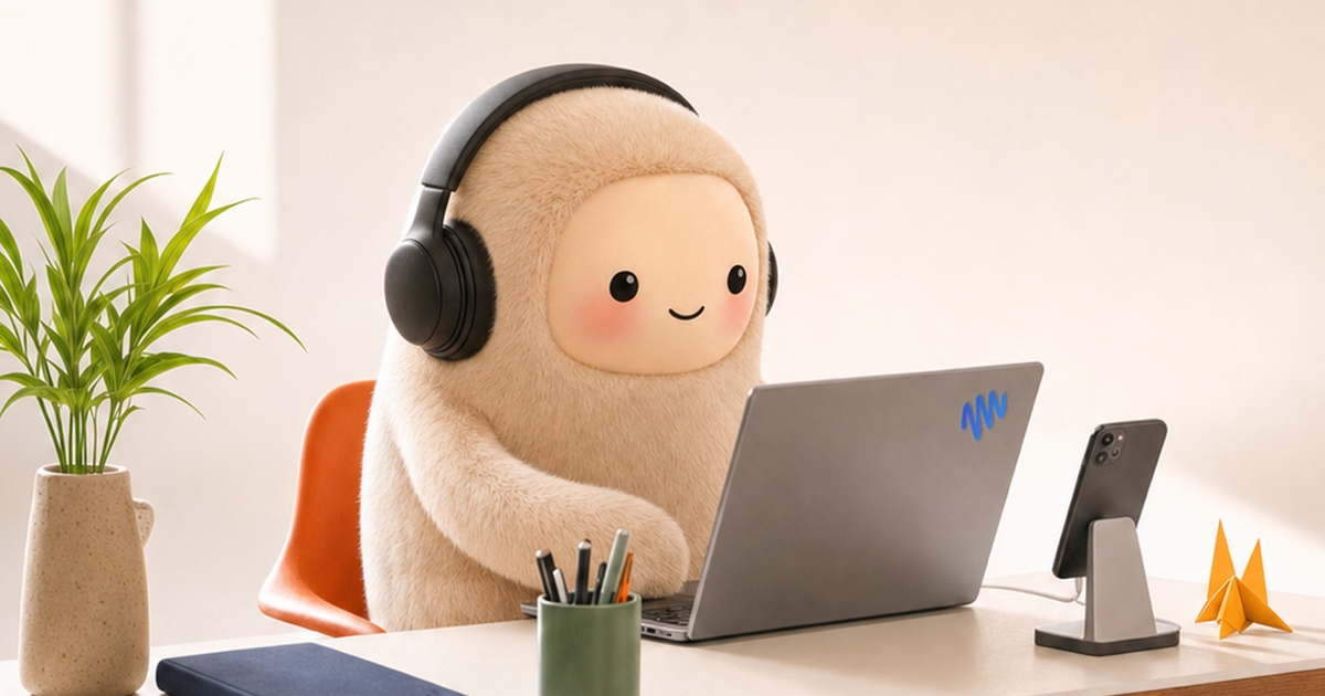 Jolly, the Muse mascot, at a laptop